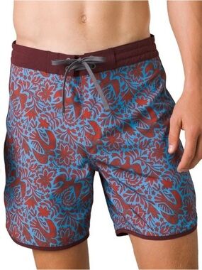 Prana Men's Floral Board Shorts in Maroon and Light Blue rust flora fauna sz 34